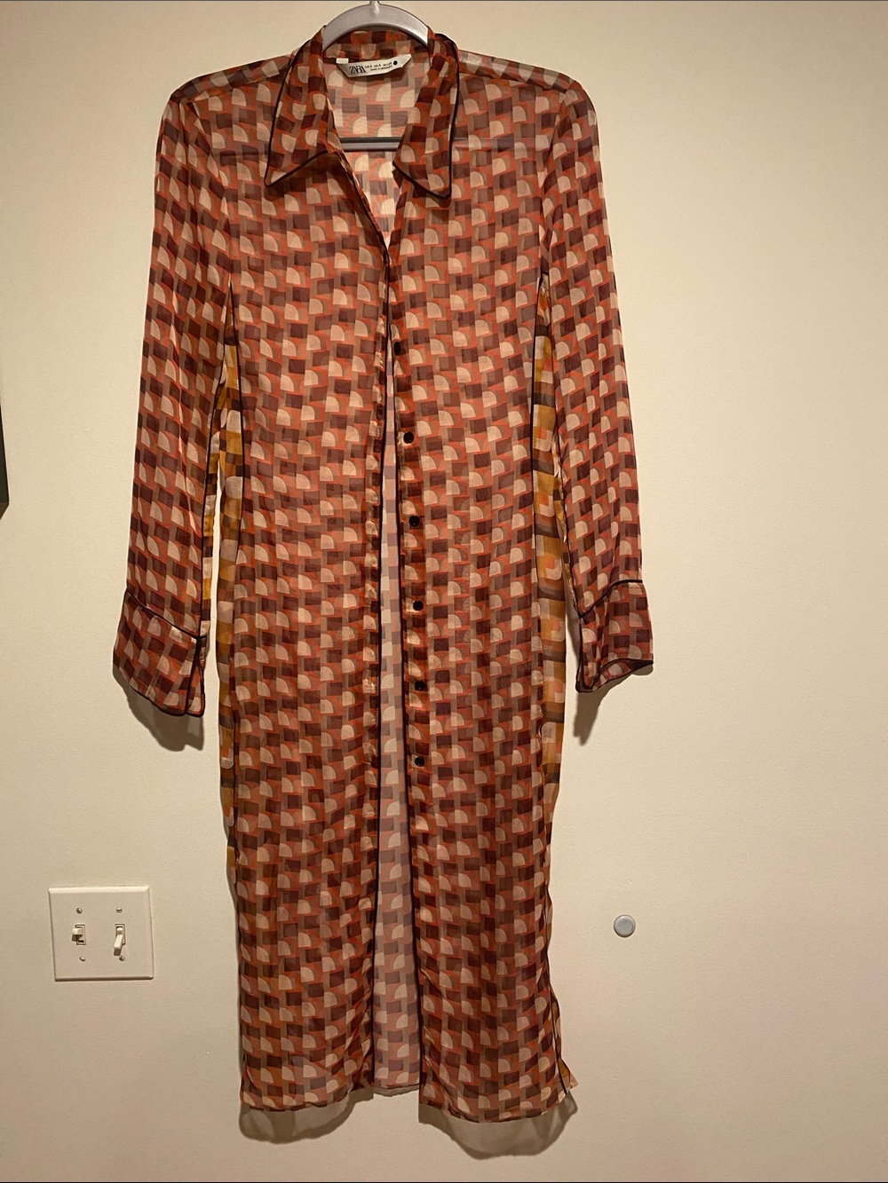 Zara Geometric Long Button-Up Dress in Rust, Cream and Mustard